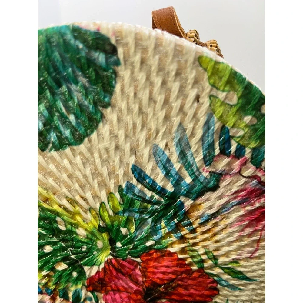 Tropical Floral Round Woven Rattan Crossbody Bag Hibiscus Monstera Straw Purse